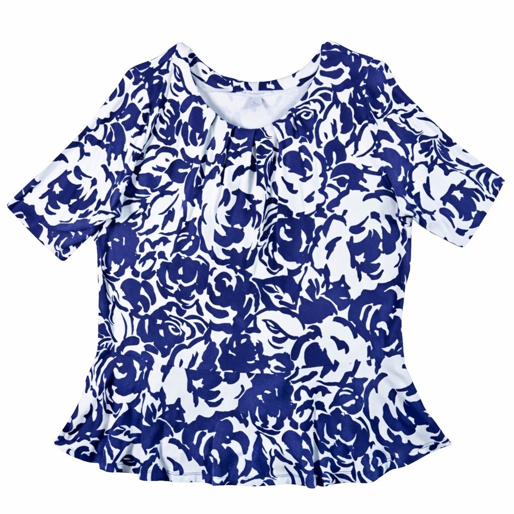 Liz Claiborne Womens‎ XL Blue White Floral Peplum Blouse Rayon Short Sleeve  Top